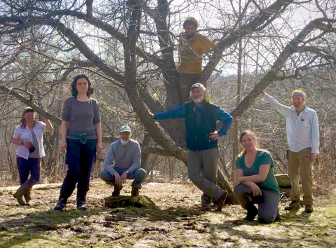 One of our great crews. From left to right, Noelle, Gaia, Tristan, Ari in the tree, David, Anika, and Eric.